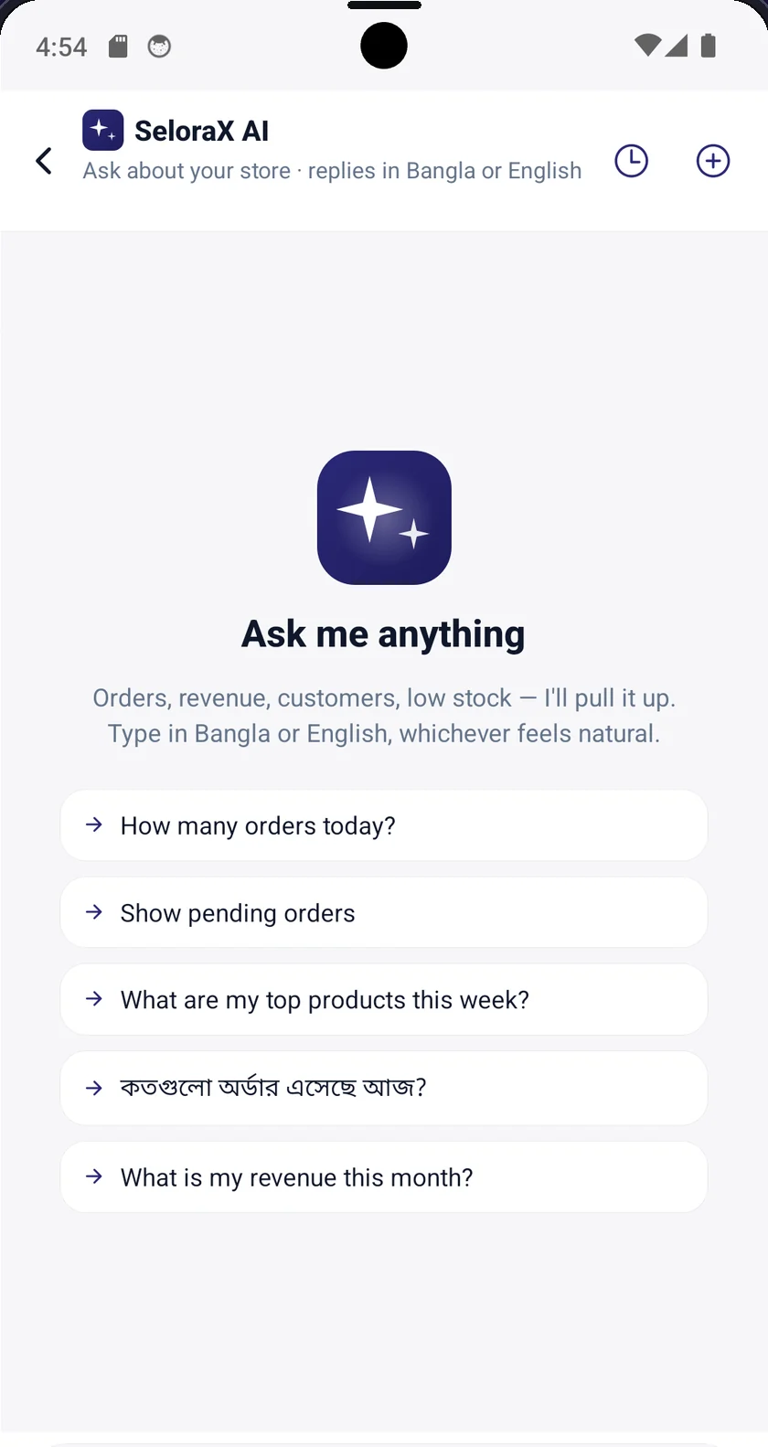 SeloraX AI copilot answering questions about orders and revenue